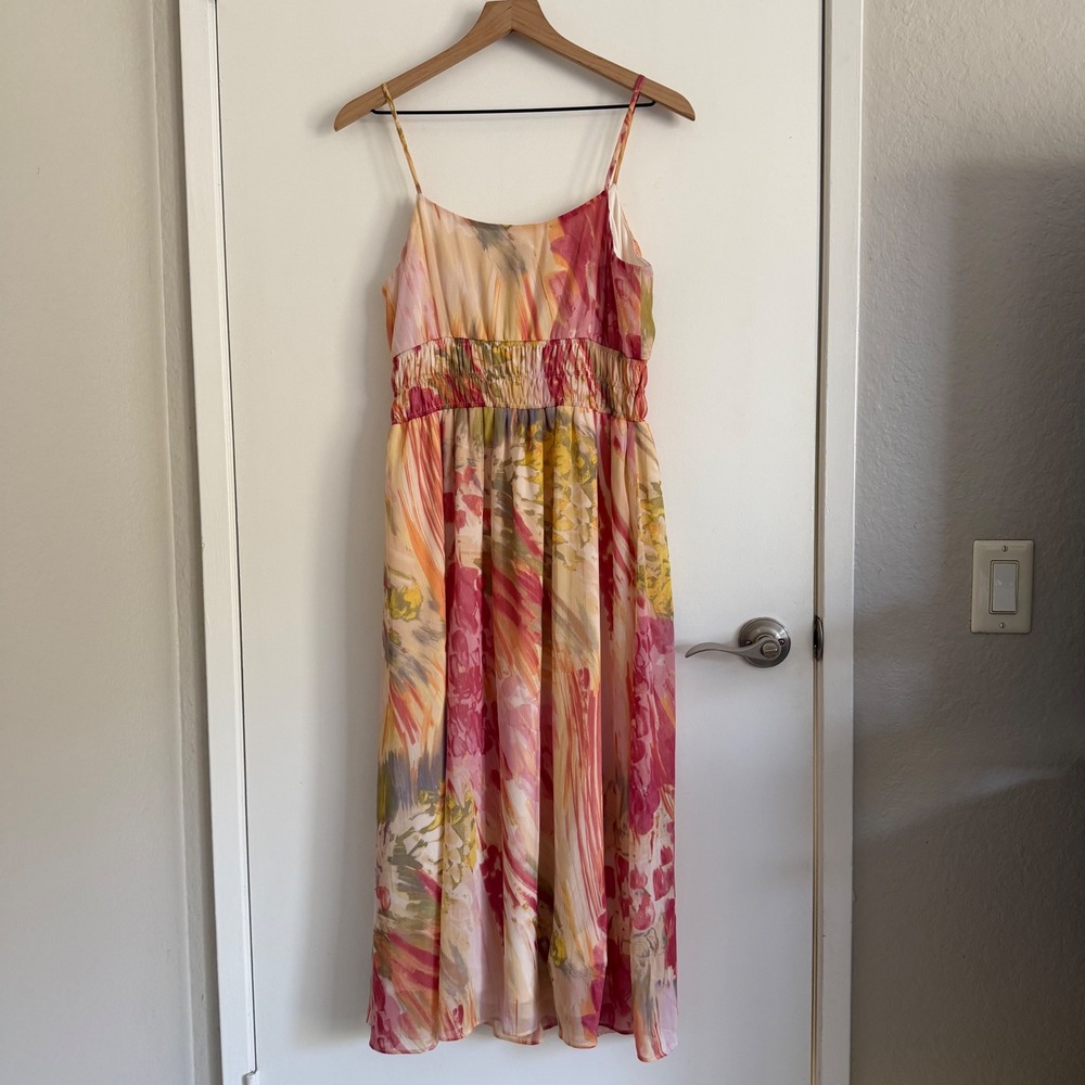 Maison Tara Womens Pink Abstract Floral Smocked Waist Midi Dress Size 8 Chiffon